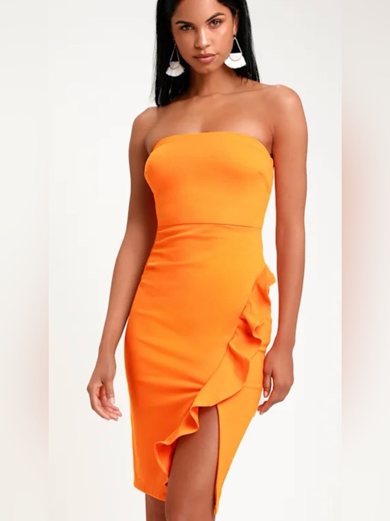 Lulus Dresses & Skirts - LULU’S ANIKA ORANGE RUFFLED STRAPLESS BODYCON DRESS